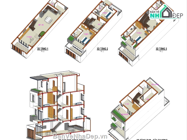 bản vẽ revit nhà phố 4 tầng,nhà phố revit,nhà phố lệch tầng