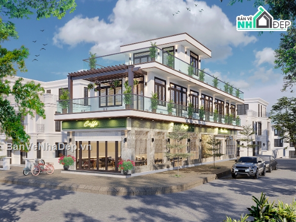 File cad,Nhà phố,Nhà 2 tầng,kiến trúc 3 tầng,3D,điện