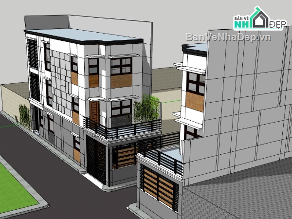 model su nhà phố 3 tầng,file su nhà phố 3 tầng,sketchup nhà phố 3 tầng