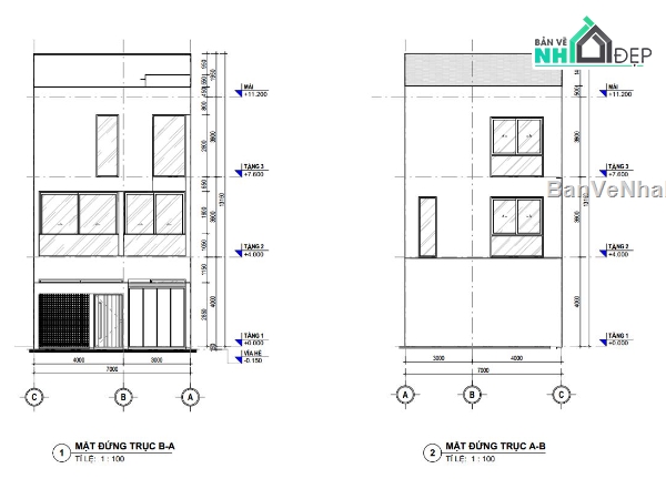 thiết kế nhà phố 3 tầng,kiến trúc nhà phố,bản vẽ nhà phố