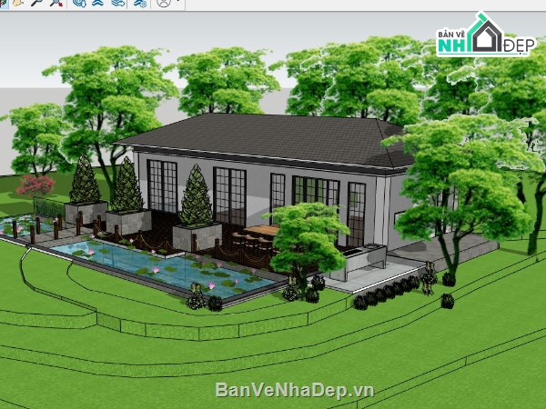 nhà vườn su,nhà vườn có hồ bơi,biệt thự nhà vườn file su,nhà vườn sketchup