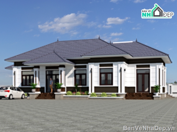 nhà vướn 1 tầng mái Nhật,nhà vườn 1 tầng 20x10m,nhà vườn 1 tầng 4 phòng ngủ