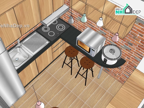 sketchup nội thất bếp,nội thất bếp 3d,dựng sketchup nội thất bếp ăn