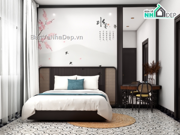 sketchup nội thất indochine,nội thất indochine,nội thất khách bếp sketchup,mẫu nội thất khách bếp sketchup