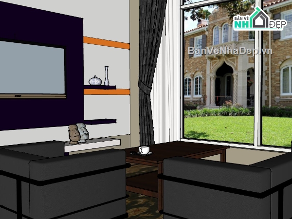 sketchup dựng phòng khách,file sketchup nội thất phòng khách,nội thất phòng khách sketchup,model 3d su nội thất phòng khách