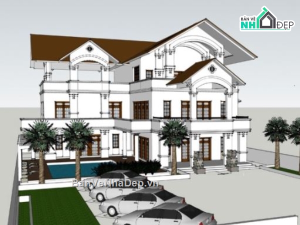sketchup Biệt thự  3 tầng,biệt thự hiện đại,biệt thự mái thái