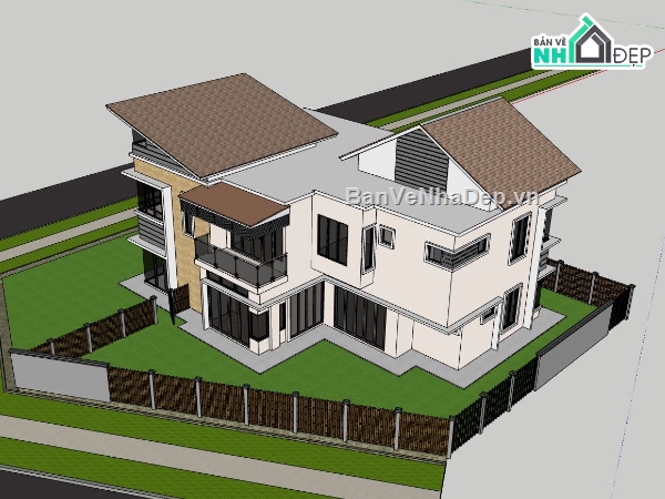 biệt thự 2 tầng,biệt thự sketchup,phối cảnh biệt thự