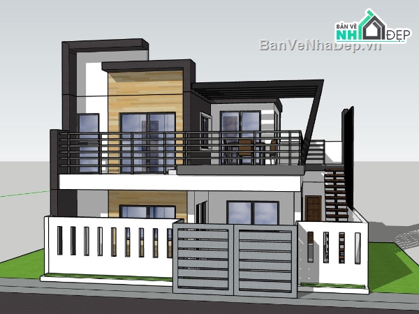 biệt thự 2 tầng,Phối cảnh biệt thự,thiết kế biệt thự 2 tầng,file sketchup biệt thự 2 tầng