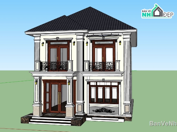 biệt thự 2 tầng,Phối cảnh biệt thự,mẫu biệt thự 2 tầng,sketchup biệt thự