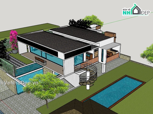 Phối cảnh biệt thự,biệt thự 2 tầng,biệt thự nghỉ dưỡng,file sketchup biệt thự 2 tầng