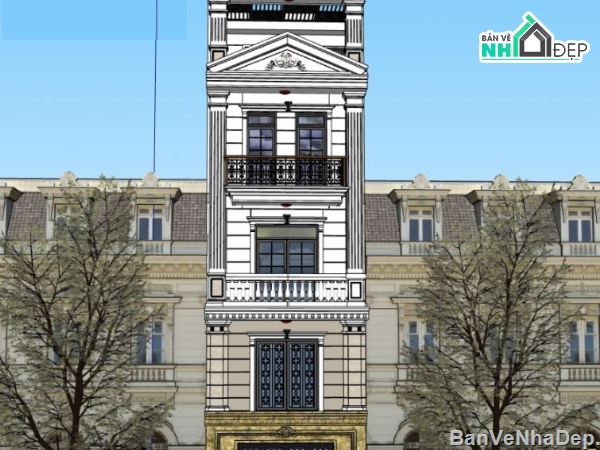 nhà phố 5 tầng,nhà phố cổ điển,Sketchup nhà phố