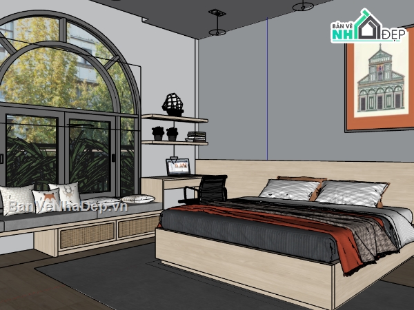 nội thất phòng ngủ dựng sketchup,thiết kế phòng ngủ hiện đại,dựng nội thất phòng ngủ