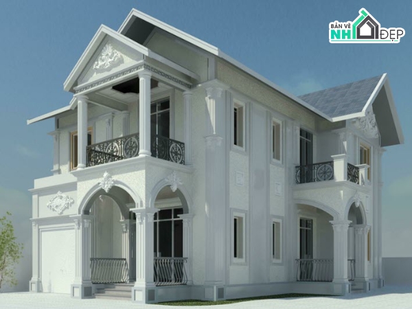 biệt thự 2 tầng tân cổ điển,Revit biệt thự 2 tầng 10x14m,Bản vẽ biệt thự 2 tầng 10x14m,Kiến trúc biệt thự 2 tầng