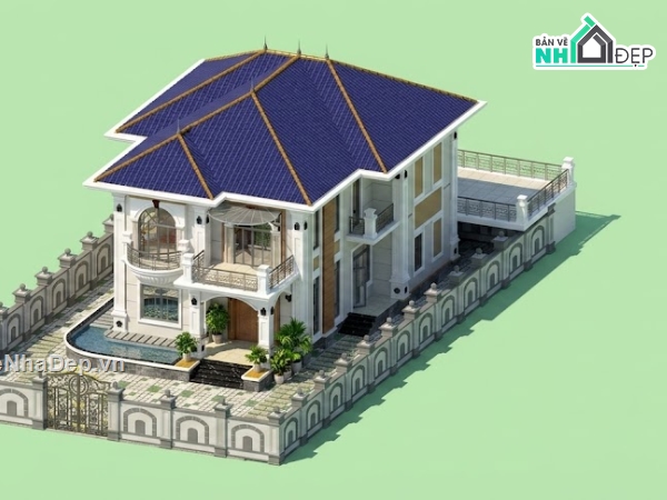 Biệt thự tân cổ điển,Biệt thự 2 tầng tân cổ điển,file cad biệt thự 2 tầng