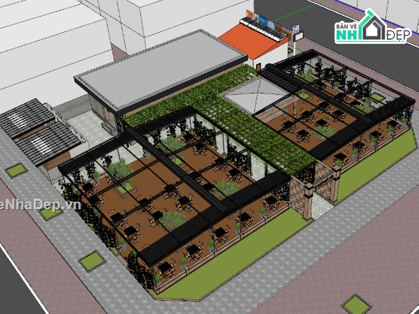 dự toán quán cà phê,quán cà phê sketchup,Mẫu quán cà phê,sketchup quán cafe,quán cafe 13x13.8m,model su quán cafe