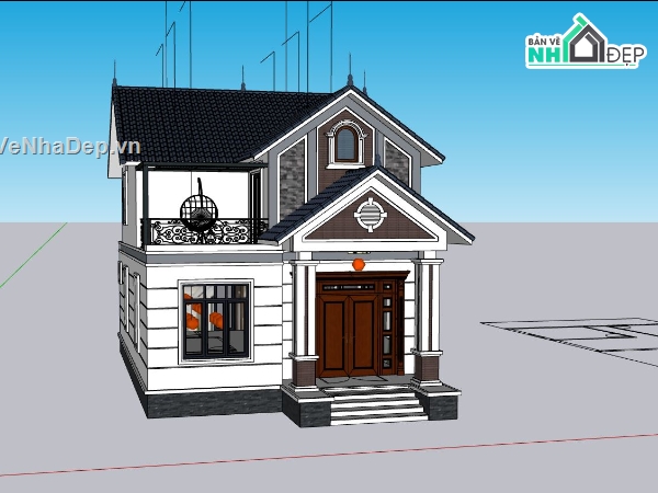 biệt thự 2 tầng,sketchup biệt thự,phối cảnh biệt thự