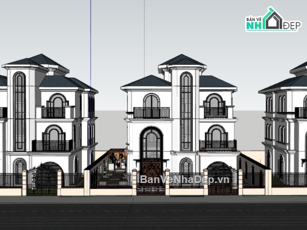 biệt thự 3 tầng,3d sketchup biệt thự 3 tầng,biệt thự tân cổ điển