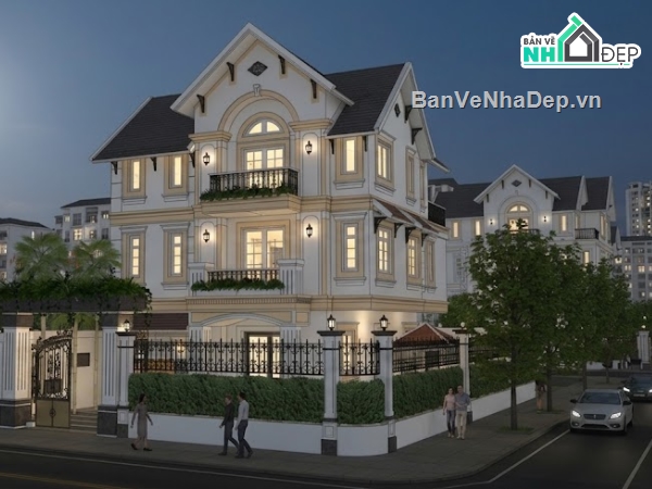 biệt thự 3 tầng,biệt thự cổ điển 3 tầng,sketchup biệt thự 3 tầng