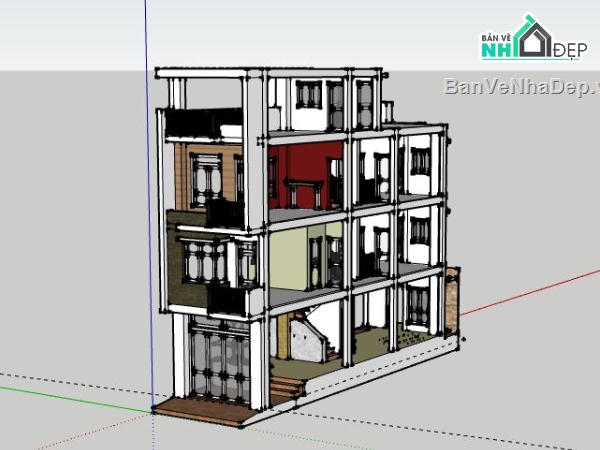 nhà phố 4 tầng,model su nhà phố 4 tầng,sketchup nhà phố 4 tầng