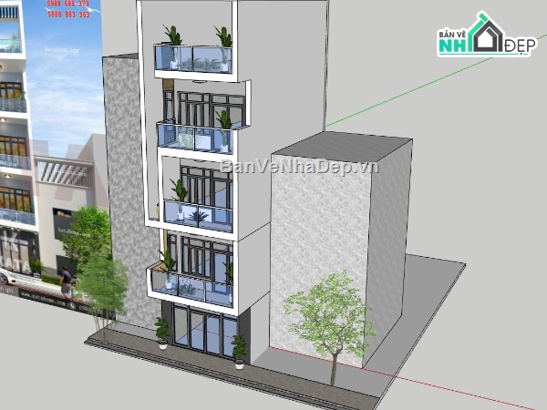 nhà 4 tầng,sketchup nhà phố 4 tầng,model su nhà phố 4 tầng
