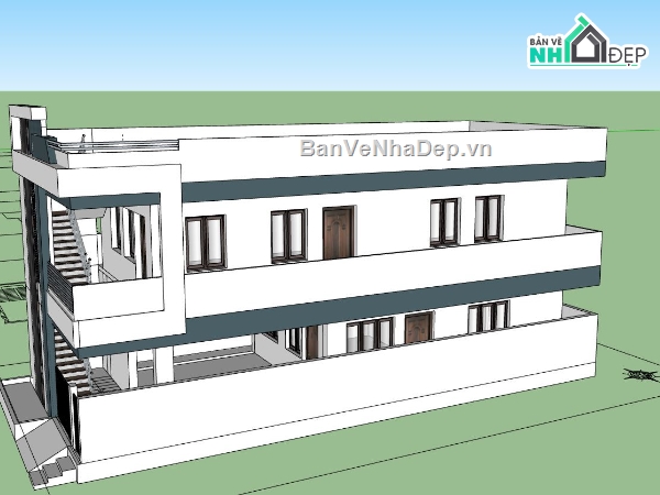 nhà 2 tầng,ngoại thất nhà 2 tầng,sketchup nhà 2 tầng,nhà 2 tầng mái bằng