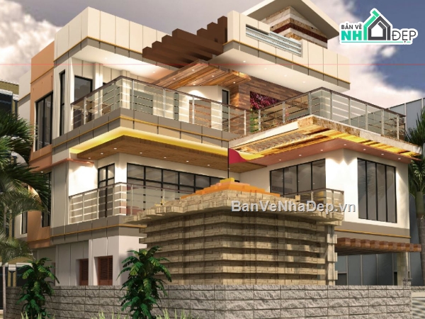 biệt thự 3 tầng,Sketchup 3 tầng,biệt thự hiện đại,biệt thự 3 tầng su
