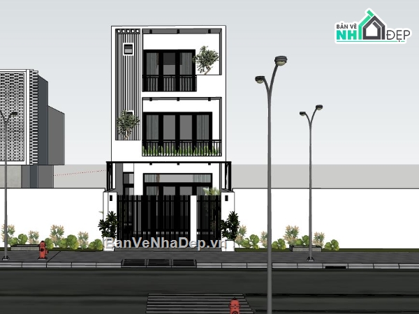 nhà phố 3 tầng,file sketchup nhà phố 3 tầng,phối cảnh nhà phố