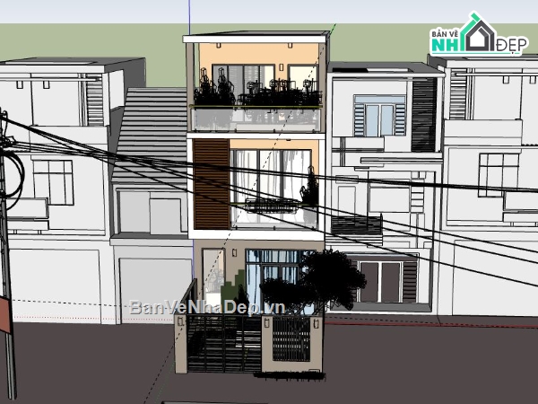 Nhà phố 3 tầng,model su nhà phố 3 tầng,sketchup nhà phố 3 tầng