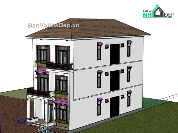 nhà phố 3 tầng,model su nhà phố 3 tầng,model sketchup nhà phố 3 tầng