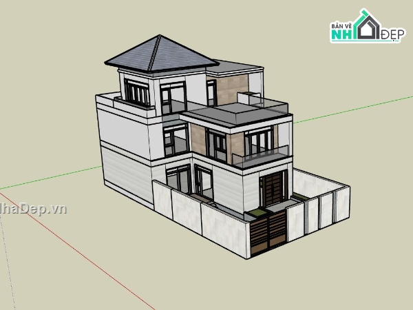 nhà phố 3 tầng,sketchup nhà 3 tầng,mẫu nhà hiện đại