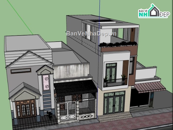 Nhà phố 3 tầng,model su nhà phố 3 tầng,sketchup nhà phố 3 tầng