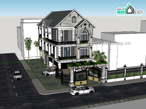 mẫu 3 tầng đẹp,sketchup 3 tầng đẹp,model su biệt thự 3 tầng