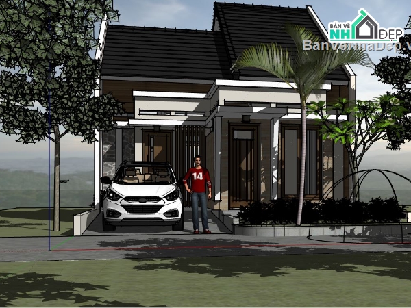 mẫu nhà biệt thự 1 tầng file su,dựng sketchup biệt thự 1 tầng,file su nhà 1 tầng,sketchup nhà cấp 4 hiện đại