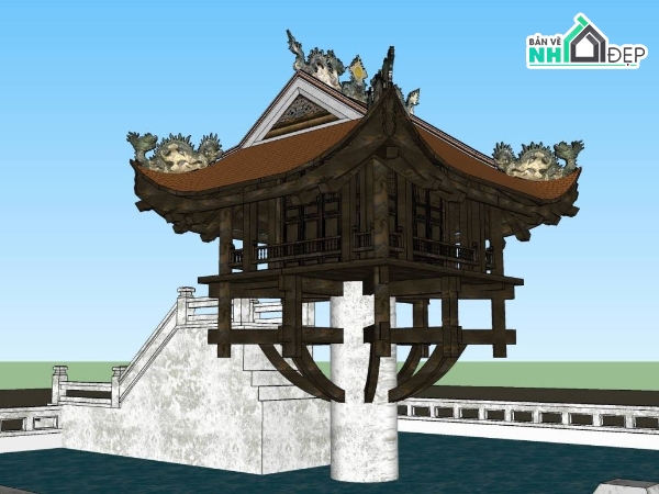 thiết kế chùa,sketchup chùa,chùa 1 cột,bản vẽ chùa một cột