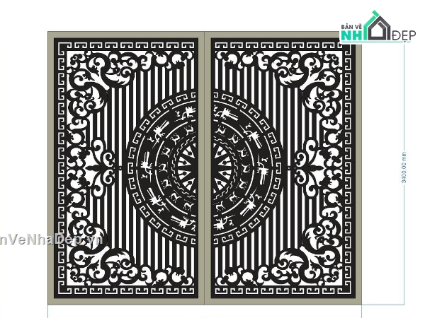 cổng dxf,cổng trống đồng,cnc cổng 2 cánh đẹp