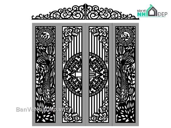 cổng đẹp 4 cánh,cổng đẹp 4 cánh cá chép,cổng cnc cá chép đẹp
