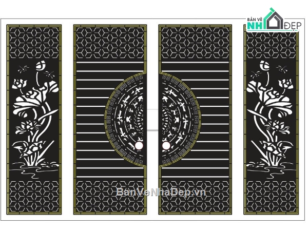 cổng 4 cánh trống đồng,cổng hoa sen có chỉ,mẫu cổng CNC đẹp