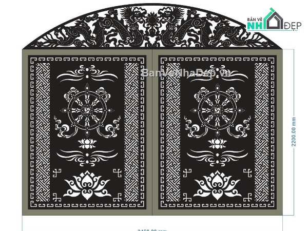 cổng 2 cánh,file cad cnc cổng trống đồng,file cổng dxf đẹp