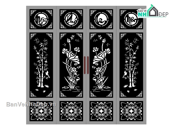 mẫu cổng 4 cánh,cổng sen trúc cnc,cổng ngũ phúc lâm môn