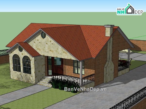 sketchup biệt thự 1 tầng,Thiết kế biệt thự 1 tầng,biệt thự 1 tầng