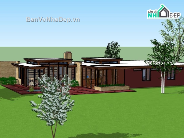 sketchup Biệt thự  1 tầng,Biệt thự file sketchup,mẫu biệt thự 1 tầng,file sketchup biệt thự 1 tầng