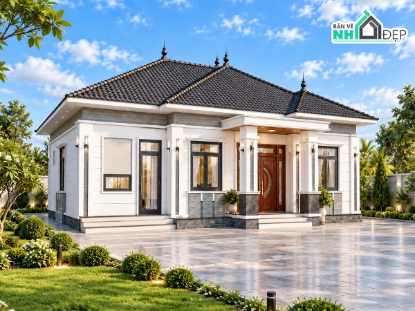 Bản vẽ nhà cấp 4 11x13m,Mẫu nhà mái Nhật 11x13m,Bản vẽ nhà cấp 4 full kiến trúc kết cấu điện nước,Nhà cấp 4 mái Nhật 4 phòng ngủ