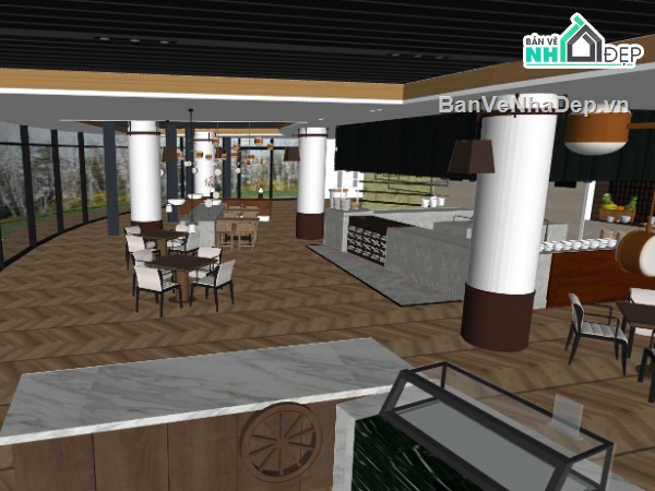 mẫu nội thất quán cà phê,nội thất quán cà phê,skecchup nội thất quán cà phê