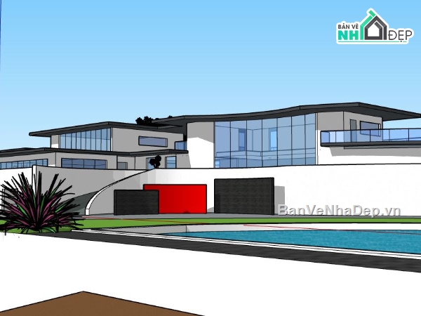Villa có hồ bơi,nhà 3 tầng file su,Villa hồ bơi file sketchup