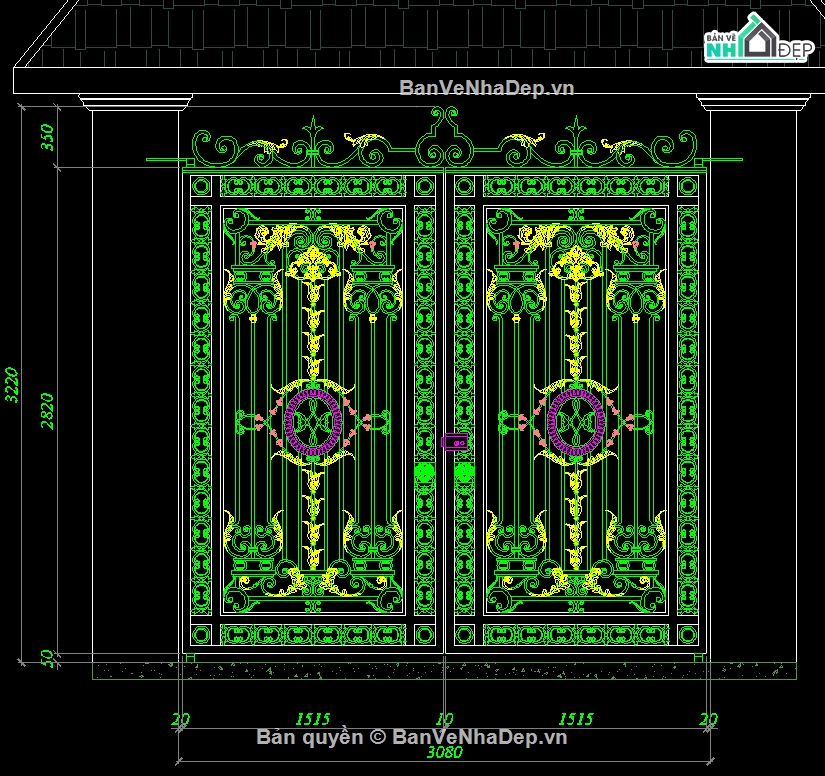 bản vẽ thiết kế cửa cổng,File cad cổng cnc,Autocad cổng cnc đẹp,Mẫu cổng cnc đẹp,Cổng biệt thự 2 cánh cnc