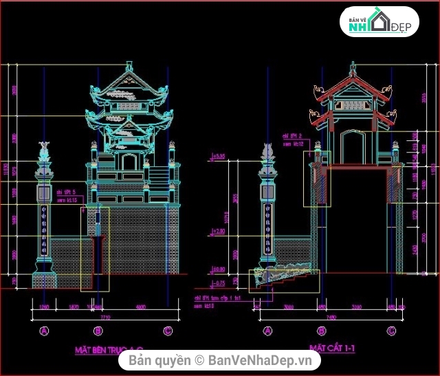 thiết kế cổng đình chùa,bản vẽ cổng đình chùa,mẫu cổng đình chùa đẹp,cad cổng chùa đẹp