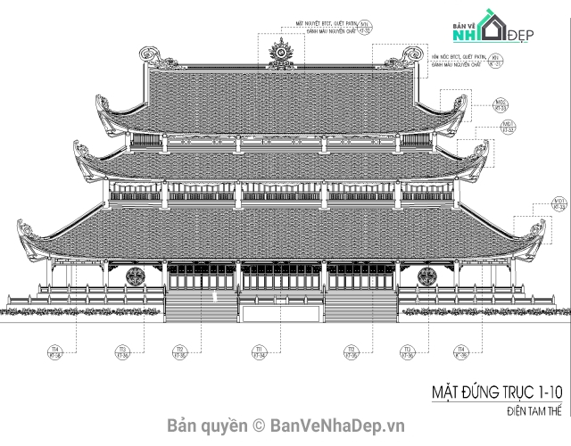 bản vẽ kiến trúc,kiến trúc mái chùa,kiến trúc mái Chùa Tràng An,cad mái chùa