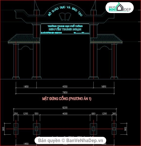 cổng trường THPT,bản vẽ cổng trường học,cổng trường thpt,file cad cổng trường học