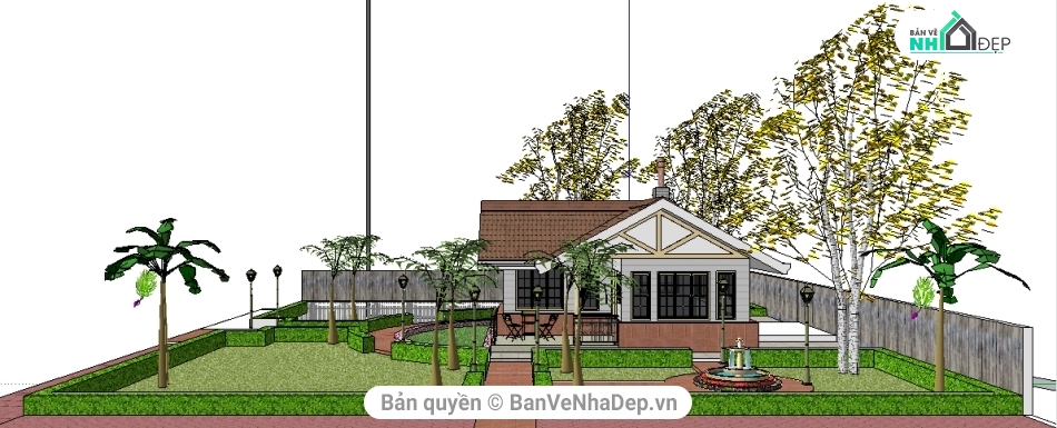 Bản thiết kế nhà cấp 4 bằng sketchup việt nam có sân vườn và hồ bơi