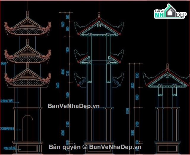 Bản vẽ cổng làng đẹp,cổng làng văn hóa 3 tầng,mẫu cổng làng mái cong,cổng làng 3 cửa,File cad cổng làng 3 tầng